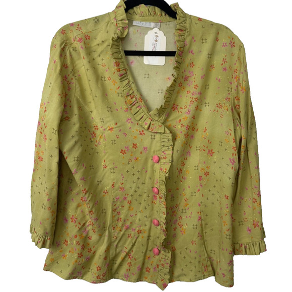 Lilly Hill Tops - NEW Lilly Hill Button Up L Floral Pink L Cottagecore Boutique Ruffle 3/4 Slv D7